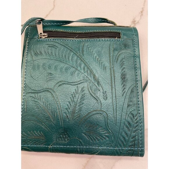 NWOT JL Saldivar Tooled Leather Hand Crafted Teal Cross Body Wallet Purse - Picture 7 of 7